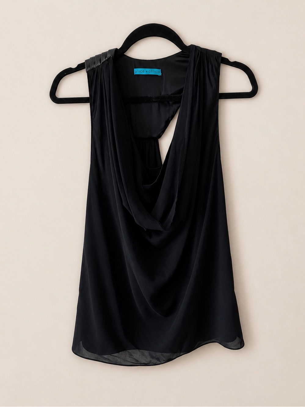 Alice + Olivia Leather Detail Drape Top Size S Black Silk Chic High End Luxury